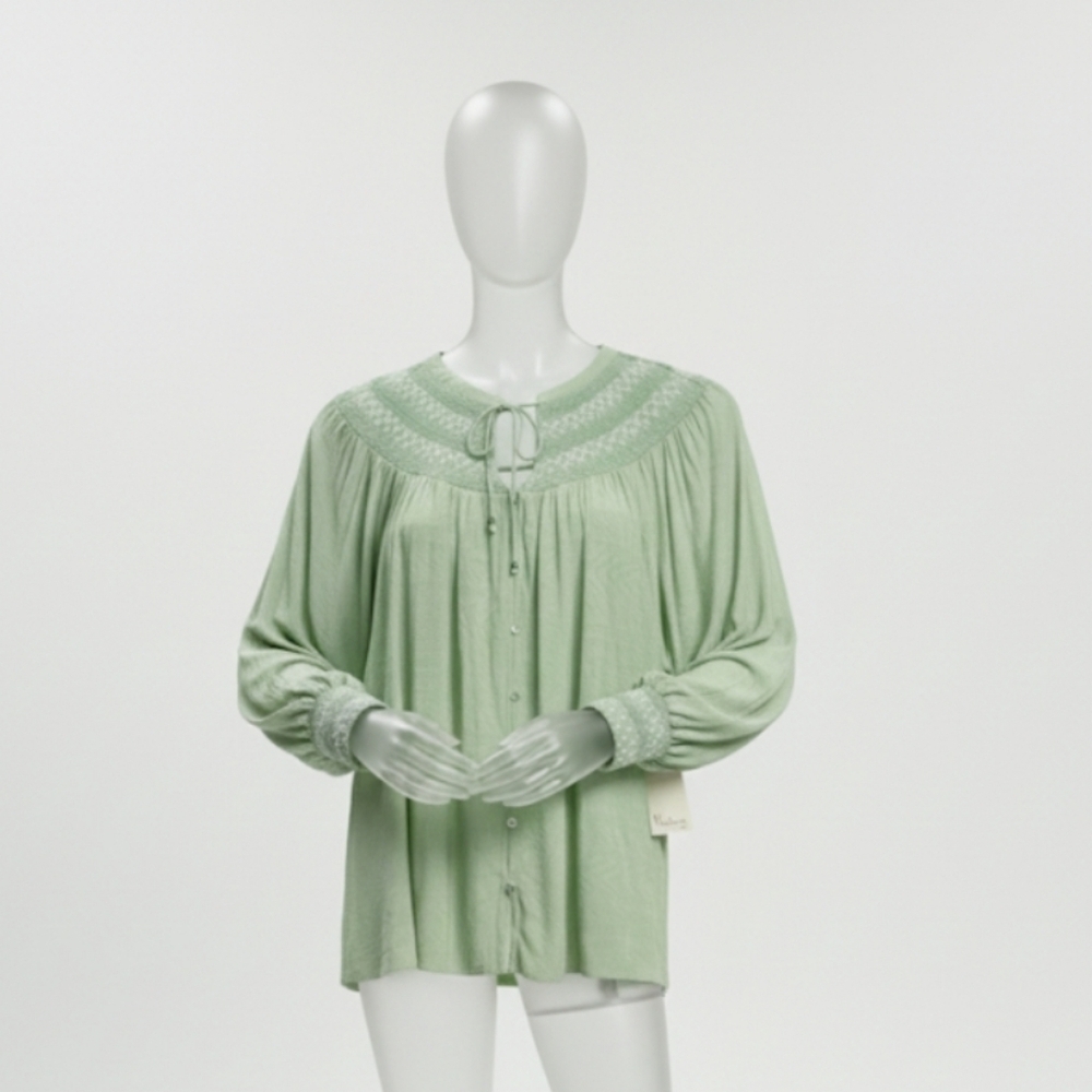 Soft Girl 2X Cottage Sage Green Prairie Boho Embroidered Flowy Top New